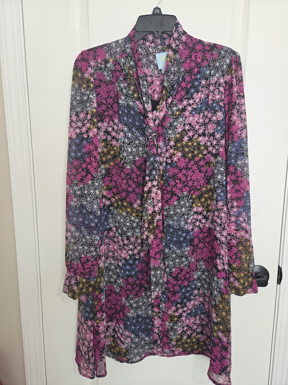 CeCe Magenta Floral Long-Sleeve Tie-Neck Dress